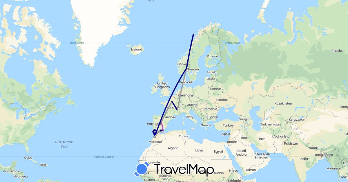 TravelMap itinerary: driving, plane, train in Spain, France, Morocco, Norway (Africa, Europe)